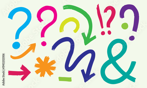 Colorful Geometric Shapes, Curls, Waves, Arrows, Squiggle Lines, Curly Brush Strokes with Hand Drawn Grunge Texture, Text Marks, Symbols