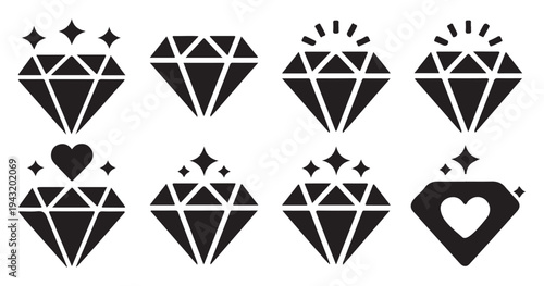 Sparkling diamond icons with shining rays and silhouettes. vector illustration eps 10