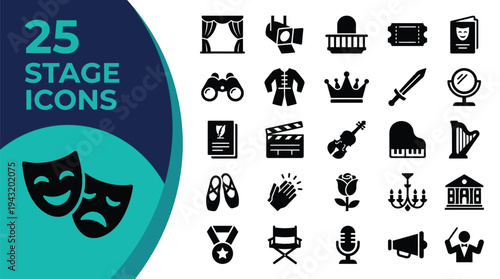 A collection of 25 stage and theater icons on a dark background.