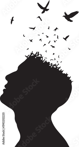 Man's head silhouette with birds taking flight from hair