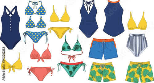 Cartoon swimwear collection with swimsuits, bikinis, trunks, colorful fashion illustration, summer clothing design concept for kids and adults
