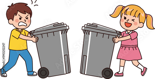 Cartoon children taking out trash bins illustration, cute kids helping with household chores and recycling, environmental responsibility concept isolated on white background