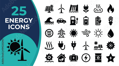 Collection of 25 energy icons representing various sources and concepts.