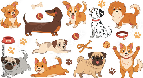 Collection of twelve cartoon dog illustrations with playful breeds, accessories and paw prints for pet, animal care and decorative vector design projects