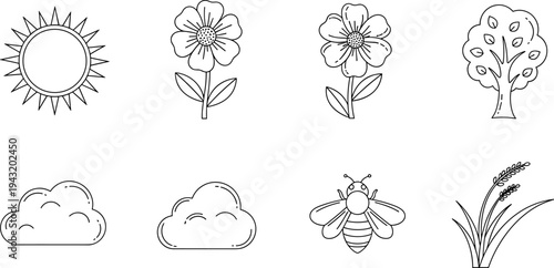 Collection of simple line art icons representing nature elements like sun, flowers, tree, clouds, bee, and grass