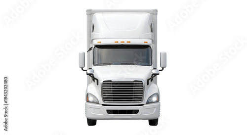 Modern white semi-truck parked on a flat surface with front view focus isolated on transparent background