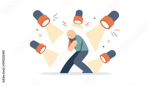 A man under scrutiny with spotlights shining on him from all sides