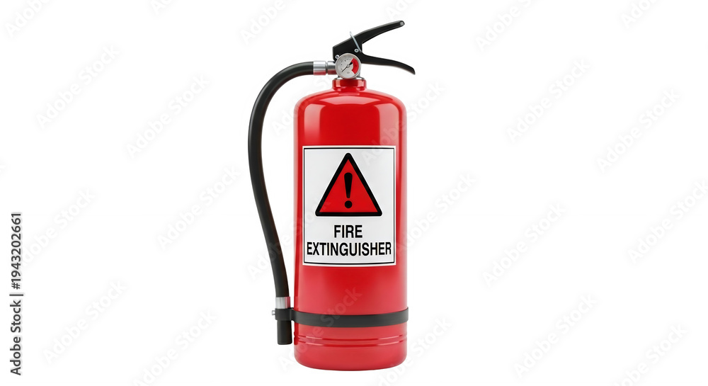 Obraz premium Bright red portable fire extinguisher with safety instructions label isolated on transparent background