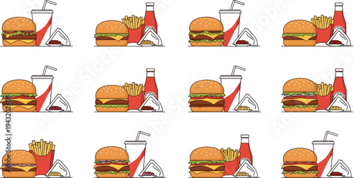 Collection of twelve fast food meal illustrations with burgers, fries, drinks and condiments arranged in grid for culinary and food
