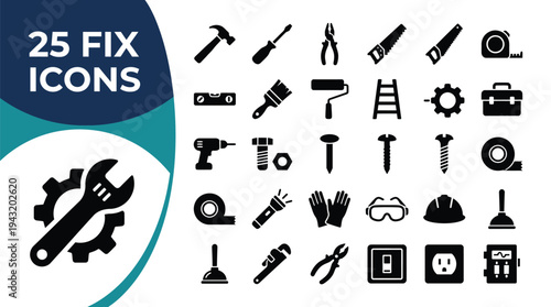 Collection of 25 fix icons representing various tools and equipment.