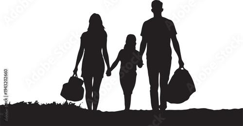 Silhouette of family walking with bags on textured ground