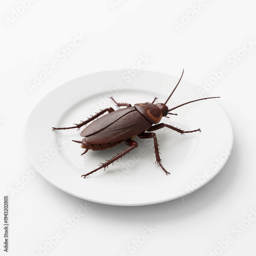 Realistic 3D rendered toy cockroach meticulously placed on a pristine white dinner plate, creating an unsettling visual often used for pranks or as a symbol of pest infestation