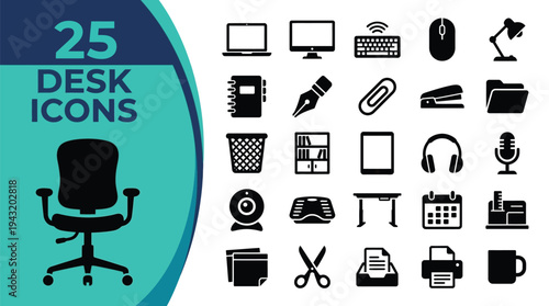 A collection of 25 modern desk icons representing office supplies and technology.
