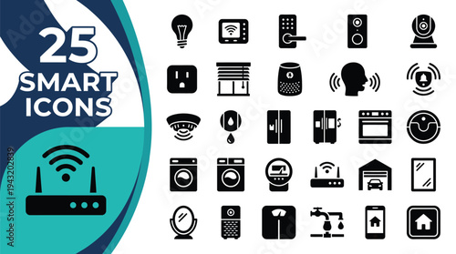 A collection of 25 smart home icons representing various devices and technology.