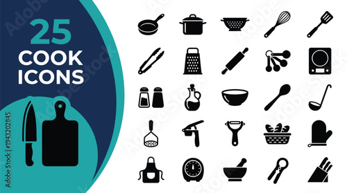 A collection of 25 graphic icons representing various cooking utensils and kitchen tools.