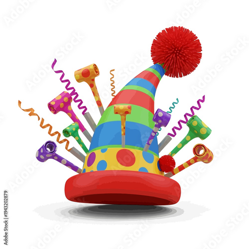 Festive party hat adorned with colorful stripes and a fuzzy pom-pom, surrounded by celebratory noisemakers and streamers, perfect for birthday celebrations and special occasions