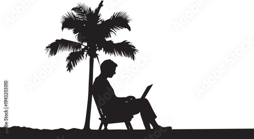 Silhouette of man with laptop under a palm tree on a beach