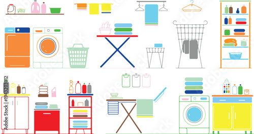 Laundry room and household cleaning supplies colorful flat icons set  washing machines dryers ironing boards shelves baskets