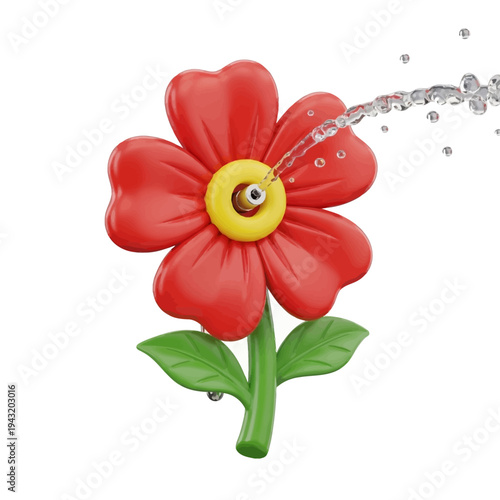3D render of a red flower with a yellow center being watered, with green leaves and a stem, against a white background