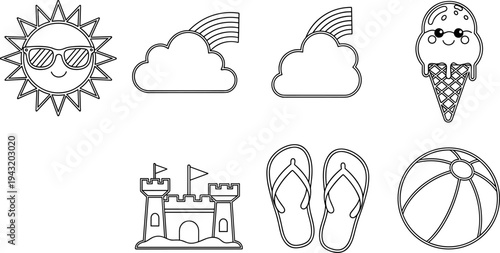 Cute cartoon summer icons: sun, clouds, ice cream, sandcastle, flip-flops, and beach ball