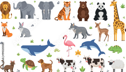 Cute wild and farm animal cartoon collection including lion elephant tiger panda giraffe dolphin whale flamingo cow sheep vector illustration set