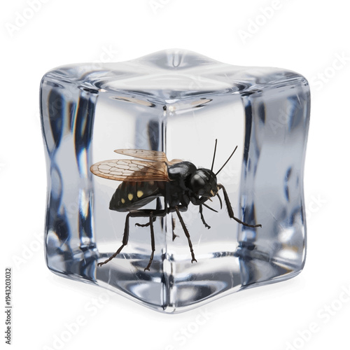 3D illustration of a black fly frozen inside a crystal-clear ice cube, isolated on a pure white background, symbolizing preservation, entrapment, and a moment suspended