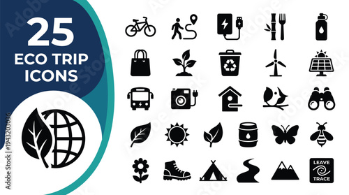 A collection of 25 eco-friendly travel icons representing sustainable tourism concepts.