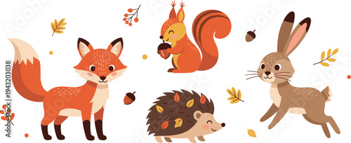 Cute woodland animals collection with fox squirrel hedgehog and rabbit autumn forest wildlife cartoon vector illustration set