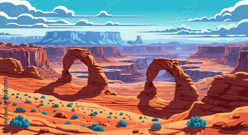 Desert Archways Landscape Under a Cloudy Sky - Digital Art