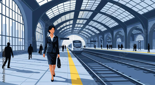 Businesswoman walking on a train station platform, ready for travel and commuting
