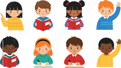 Cute diverse school children reading books, writing and raising hands, cartoon student character set for education, learning, classroom activities isolated on white background illustration