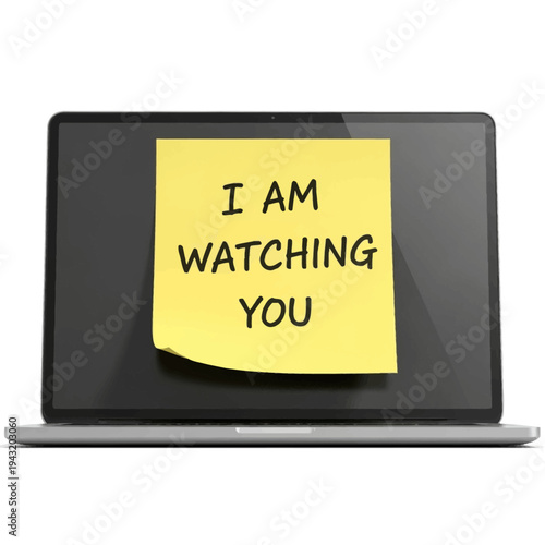 A compelling 3D illustration highlighting digital surveillance and online privacy, with a 'I AM WATCHING YOU' sticky note on a modern laptop screen
