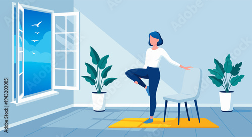 A woman practicing yoga indoors near an open window with a scenic ocean view, promoting a healthy lifestyle and relaxation