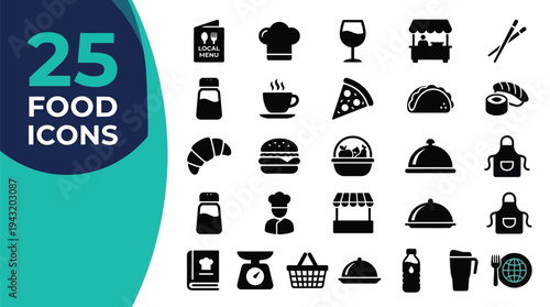 A collection of 25 diverse food and restaurant icons are displayed on a white background.