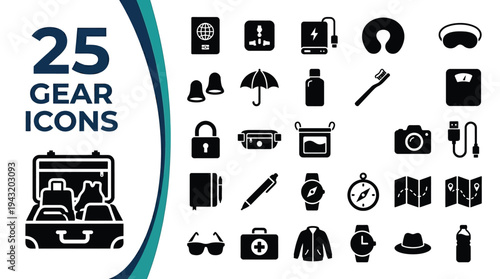 Collection of 25 essential travel gear icons for packing and planning.
