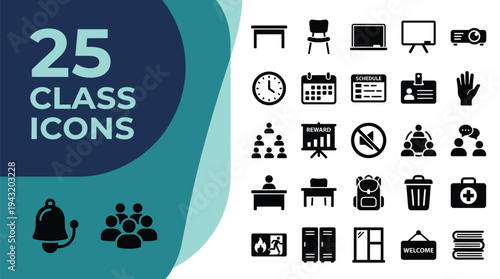 A collection of 25 class icons represents educational elements for learning and teaching.