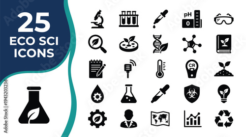 Collection of 25 eco science icons representing various scientific concepts and tools.