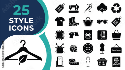 A collection of 25 style and fashion icons are displayed in a grid.