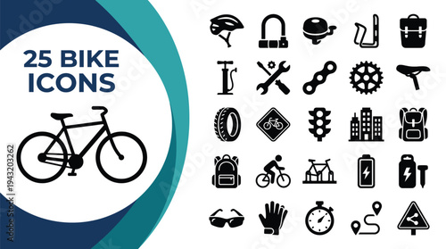 Collection of 25 bicycle and cycling related icons on a blue and white background.