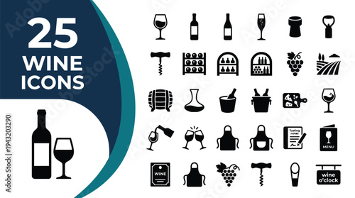 A collection of 25 wine-related icons is displayed on a white background.