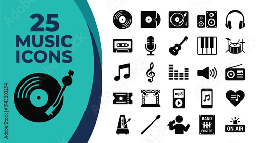 Collection of 25 music-themed icons and graphics.