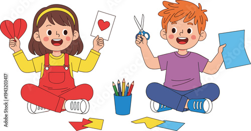 Cute kids making paper crafts with scissors, colored paper and pencils, happy children doing creative art activity, DIY craft learning isolated on white background