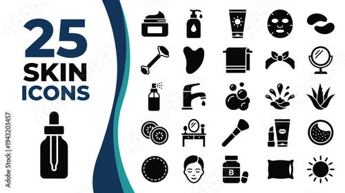A collection of 25 skin care icons representing various beauty and health products and tools.
