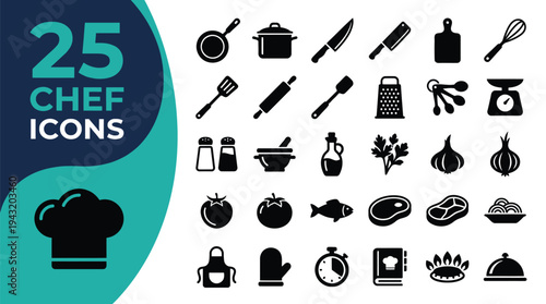 A collection of 25 chef icons representing kitchen tools and food items is displayed.