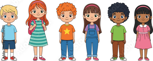 Diverse group of cute school children standing together, multicultural boys and girls cartoon character set for education, kids diversity concept isolated on white