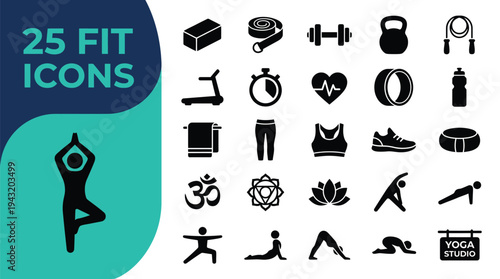 A collection of 25 fitness and yoga icons are displayed on a white background.