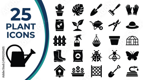 A collection of 25 plant and gardening icons for design purposes.