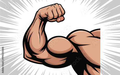 A powerful muscular arm flexes its strong bicep in a dynamic comic book style illustration