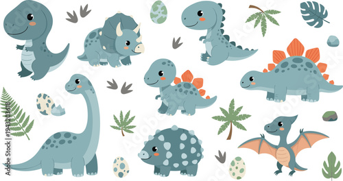 Cute Dinosaur Cartoon Vector Collection Featuring Tyrannosaurus, Triceratops, Stegosaurus, Brachiosaurus, Ankylosaurus and Pterodactyl with Eggs, Tropical Leaves and Prehistoric Elements.