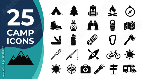 Collection of 25 camping icons for outdoor adventure and recreation